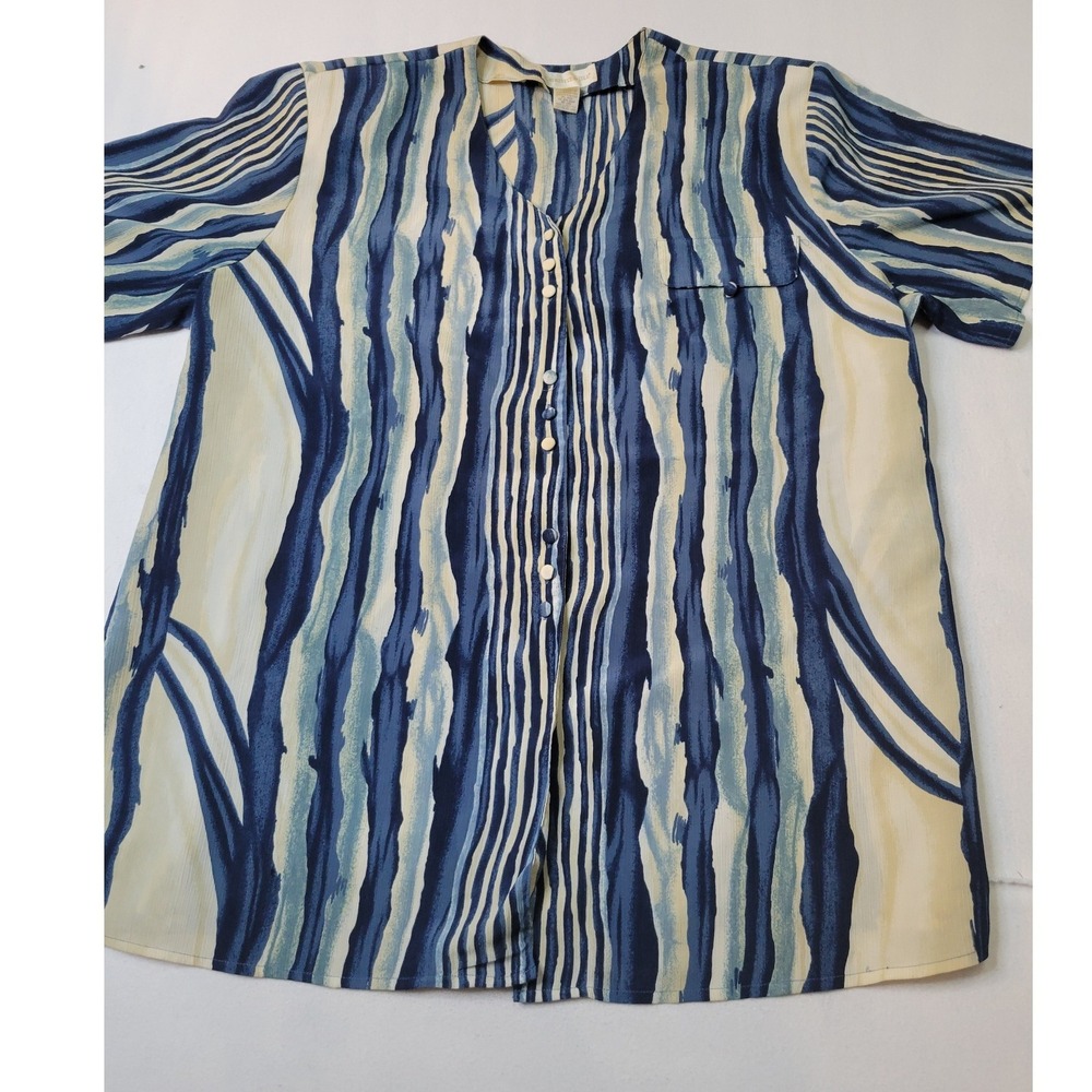 Christie & Jill Womens 3X Blue Cream Abstract Stripe ButtonUp Blouse V-Neck 1525